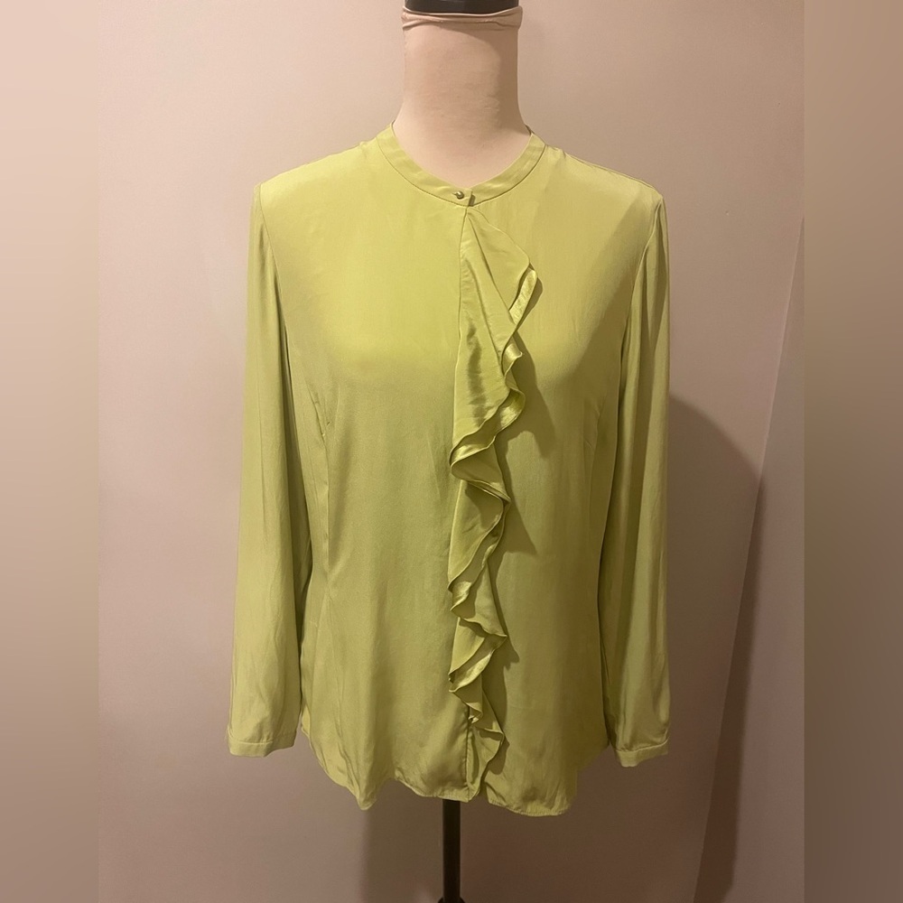 Lafayette 148 New York Chartreuse Green Ruffle Blouse, size 10